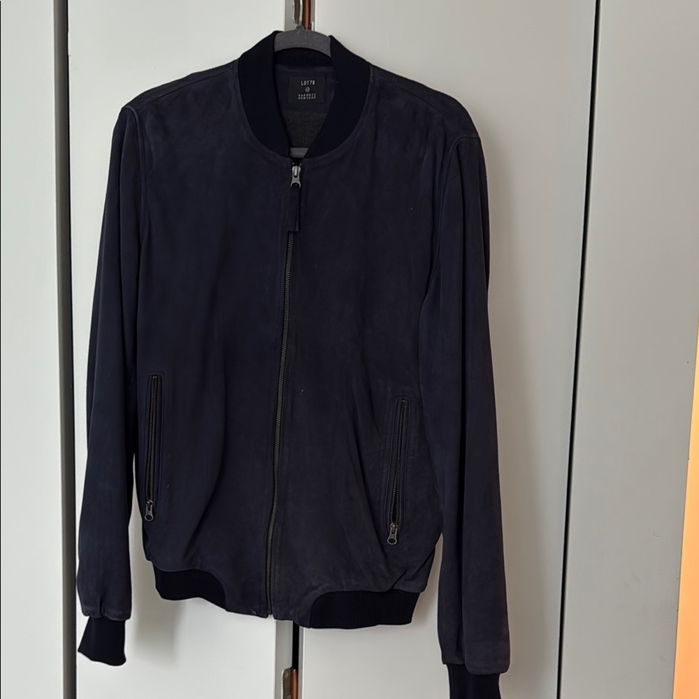 Suede Blue Bomber Jacket with Ribbed Details
